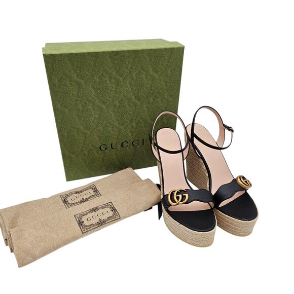 Gucci GG Marmont Aitana Platform Wedge Sandal Black Leather Size 41.5 US 11.5 - Picture 2 of 12